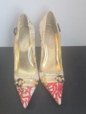 ALDO Red and Gold Pointed Toe Slingback Heels